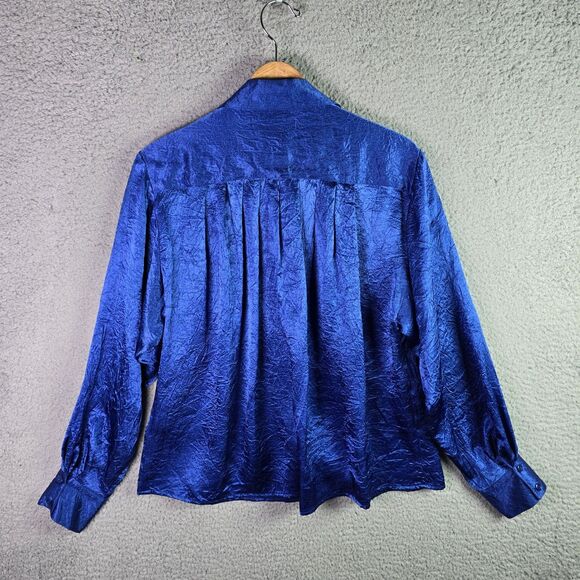 Vintage Howard Wolf Cobalt Blue Crinkle Puff Sleeve Button Up Top Statement 80s - Picture 14 of 15